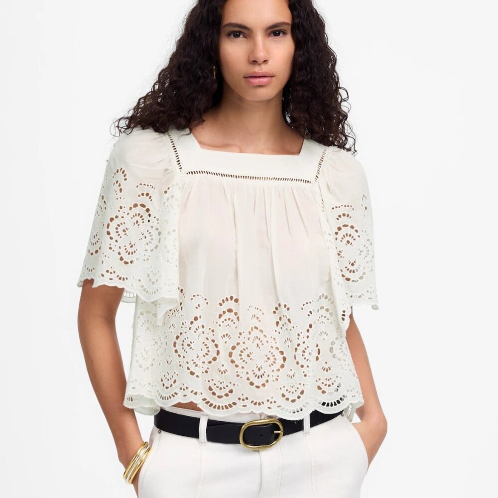 Madewell Womens Size XS Square Neck Flutter Sleeve Eyelet Top in White $98 1116